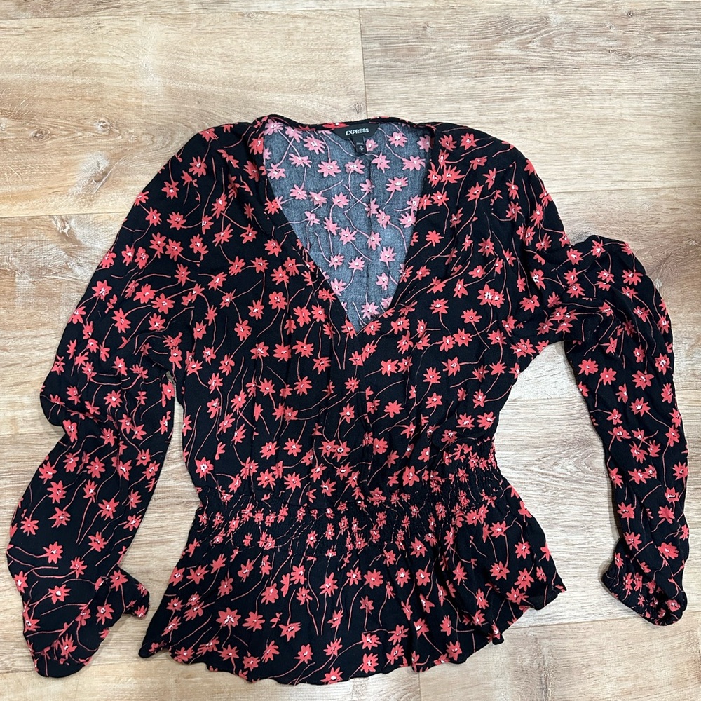 Express Black and Red Floral long sleeve V-neck Blouse